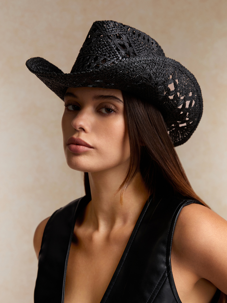 Black Woven Hollow-Out Boho Co - Cowboy Hat Straw incelemesi ve fiyatı
